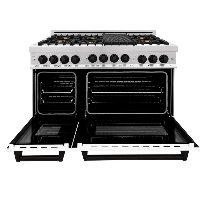 ZLINE Autograph Package - 48 In. Gas Range, Range Hood, Refrigerator, Dishwasher with Matte Black Accents, 4KAPR-RGWMRHDWM48-MB