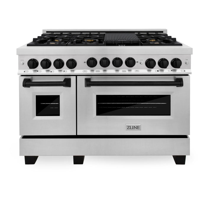 ZLINE Autograph Package - 48 In. Gas Range, Range Hood and Dishwasher in Stainless Steel with Matte Black Accents, 3AKPR-RGRH48-MB