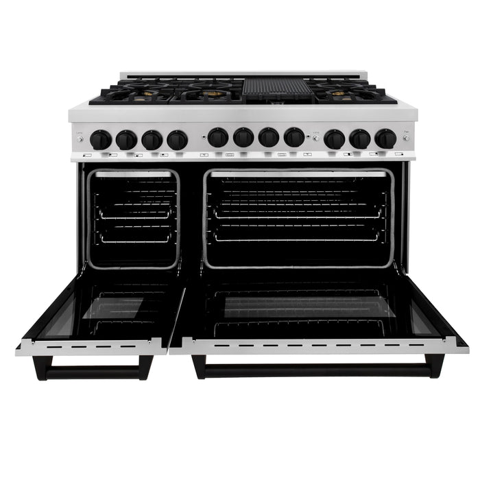 ZLINE Autograph Package - 48 In. Gas Range, Range Hood and Dishwasher in Stainless Steel with Matte Black Accents, 3AKPR-RGRH48-MB