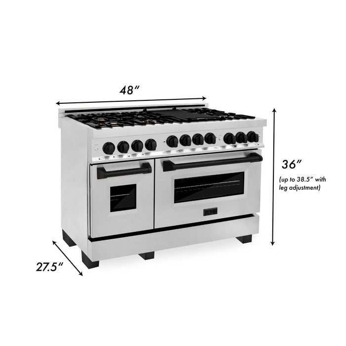 ZLINE Autograph Package - 48 In. Gas Range, Range Hood and Dishwasher in Stainless Steel with Matte Black Accents, 3AKPR-RGRH48-MB