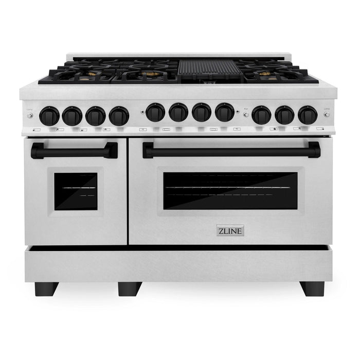 ZLINE Autograph Package - 48 In. Gas Range, Range Hood and Dishwasher with Matte Black Accents, 3AKPR-RGSRHDWM48-MB