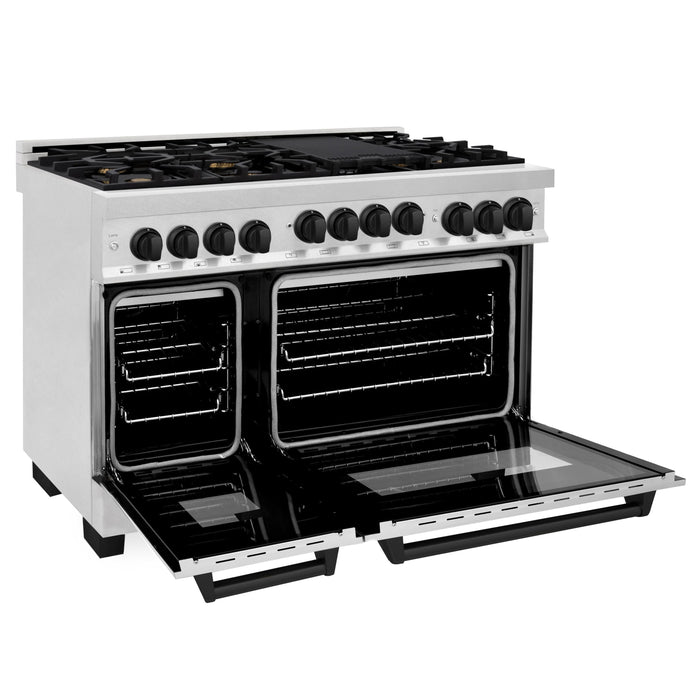 ZLINE Autograph Package - 48 In. Gas Range, Range Hood and Dishwasher with Matte Black Accents, 3AKPR-RGSRHDWM48-MB