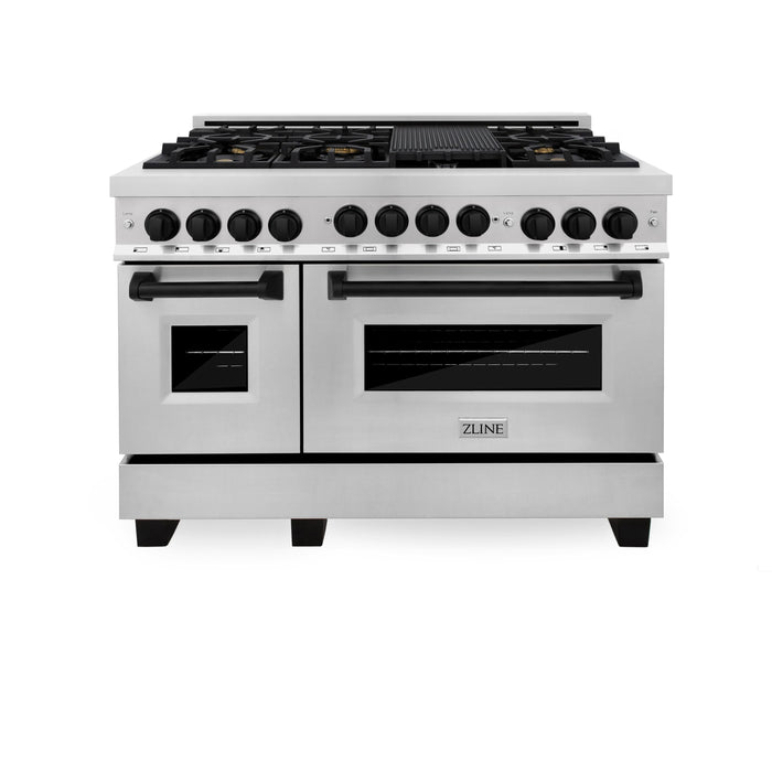 ZLINE Autograph Package - 48 In. Gas Range and Range Hood in Stainless Steel with Matte Black Accents, 2AKPR-RGRH48-MB