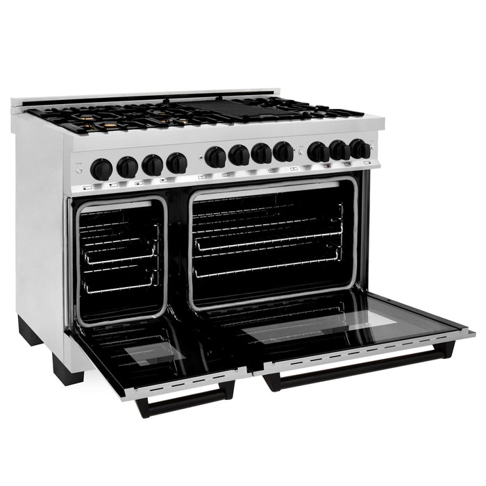 ZLINE Autograph Package - 48 In. Gas Range and Range Hood in Stainless Steel with Matte Black Accents, 2AKPR-RGRH48-MB