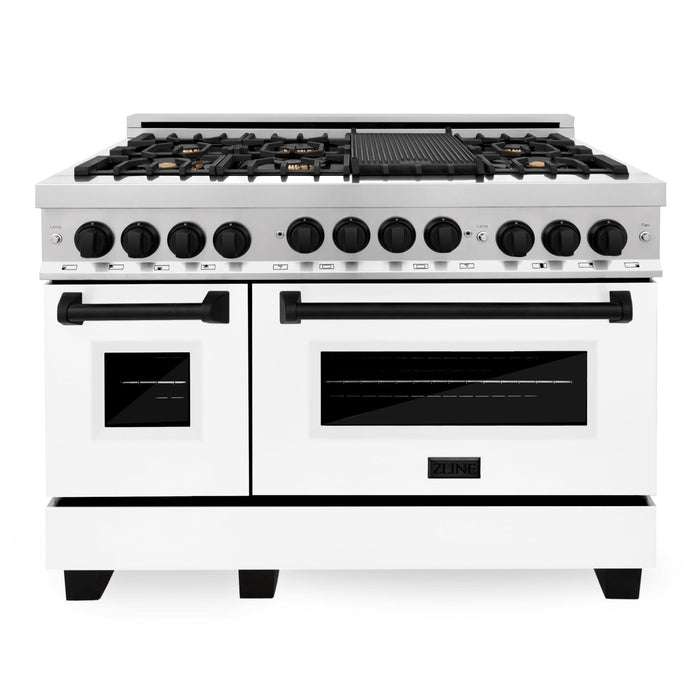 ZLINE Autograph Package - 48 In. Gas Range and Range Hood with White Matte Door and Matte Black Accents, 2AKPR-RGWMRH48-MB