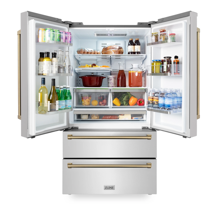 ZLINE Autograph Package - 48 in. Gas Range, Range Hood, 3 Rack Dishwasher, Refrigerator with Champagne Bronze Accents - 4AKPR-RGRHDWM48-CB