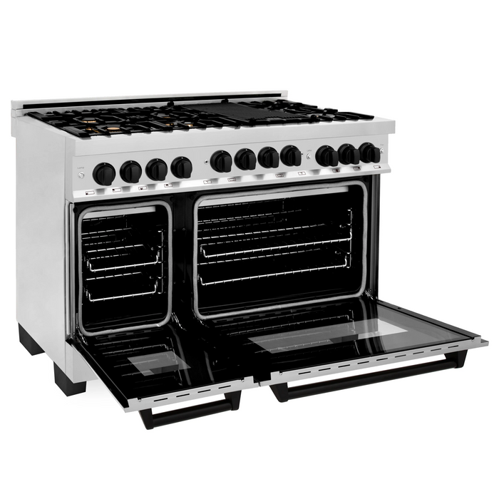 ZLINE Autograph Package - 48 in. Gas Range, Range Hood, 3 Rack Dishwasher, Refrigerator with Matte Black Accents - 4AKPR-RGRHDWM48-MB