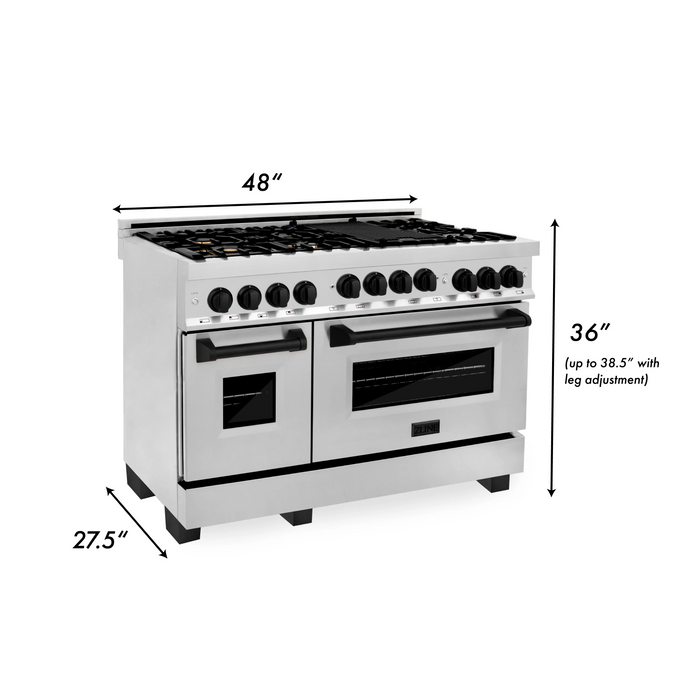 ZLINE Autograph Package - 48 in. Gas Range, Range Hood, 3 Rack Dishwasher, Refrigerator with Matte Black Accents - 4AKPR-RGRHDWM48-MB