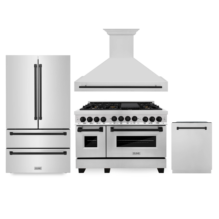 ZLINE Autograph Package - 48 in. Gas Range, Range Hood, 3 Rack Dishwasher, Refrigerator with Matte Black Accents - 4AKPR-RGRHDWM48-MB