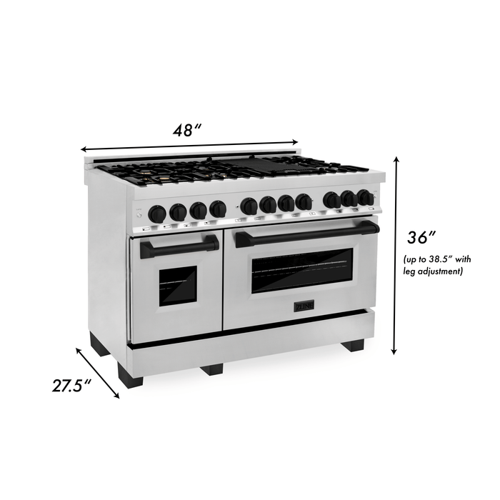 ZLINE Autograph Package - 48"Gas Range, Range Hood, Refrigerator, Dishwasher with Matte Black Accents