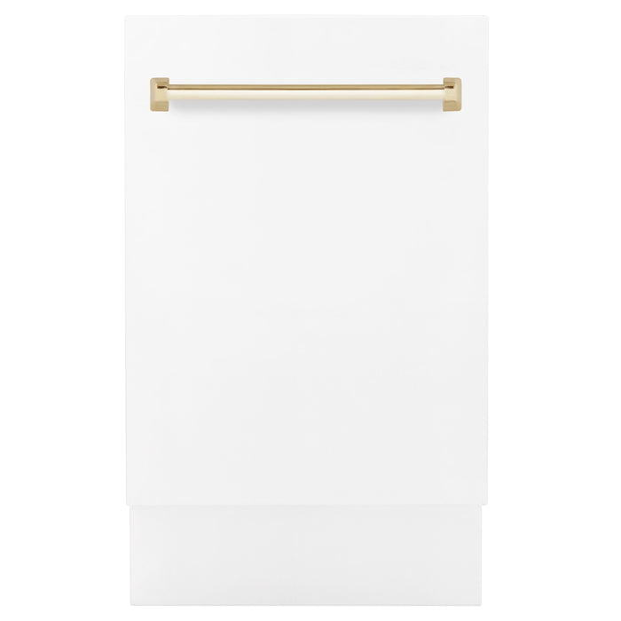 ZLINE Autograph Series 18 In. Dishwasher in White Matte with Gold Handle, DWVZ-WM-18-G