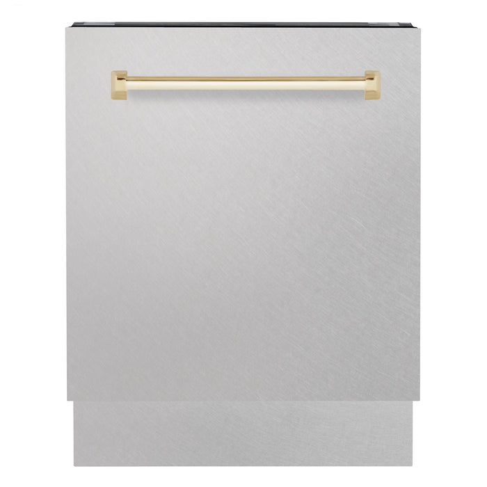 ZLINE Autograph Series 24 inch Tall Dishwasher in DuraSnow® Stainless Steel with Gold Handle, DWVZ-SN-24-G