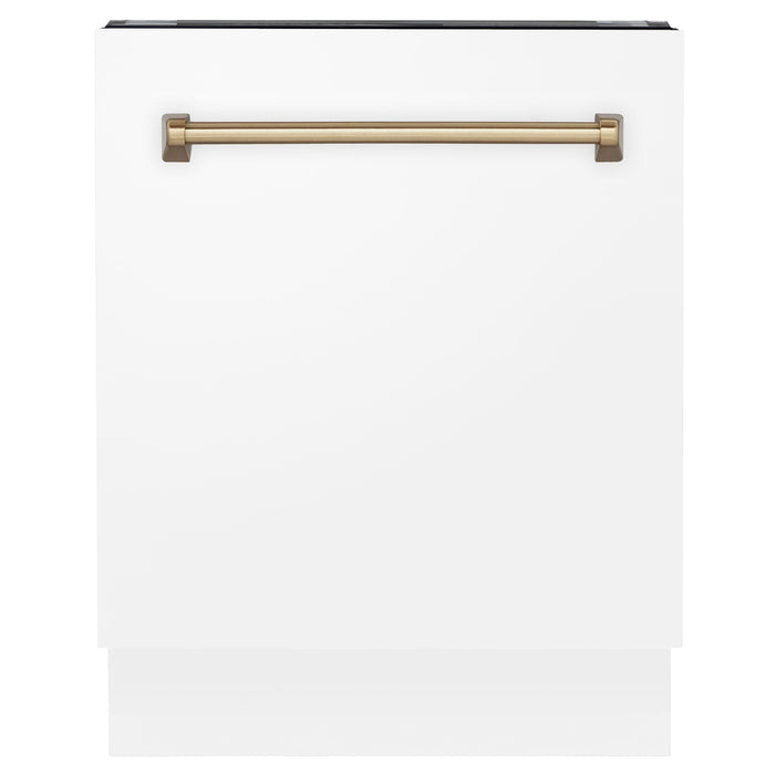 ZLINE Autograph Series 24 inch Tall Dishwasher in White Matte with Champagne Bronze Handle, DWVZ-WM-24-CB