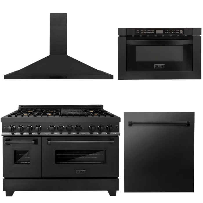 ZLINE Black Stainless Steel Appliance Package - 48 in. Dual Fuel Range, Range Hood, Microwave, Dishwasher, 4KP-RABRH48-MWDW