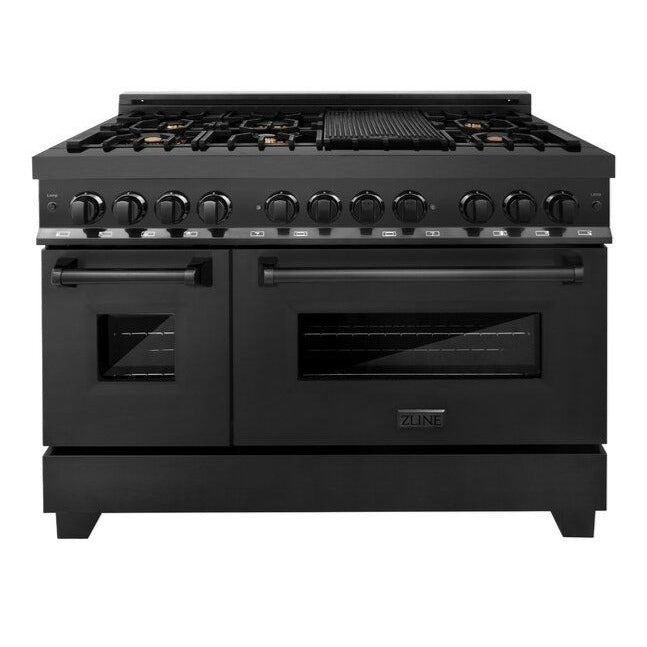 ZLINE Black Stainless Steel Appliance Package - 48 in. Dual Fuel Range with Brass Burners, Range Hood, Dishwasher, 3KP-RABRH48-DW