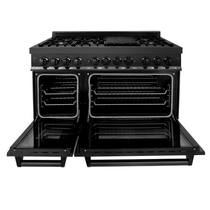 ZLINE Black Stainless Steel Appliance Package - 48 in. Dual Fuel Range with Brass Burners, Range Hood, Dishwasher, 3KP-RABRH48-DW