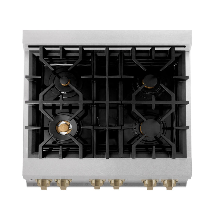 ZLINE Kitchen and Bath 30 Inch Autograph Edition Dual Fuel Range in DuraSnow® Stainless Steel with Champagne Bronze Accents, RASZ-SN-30-CB