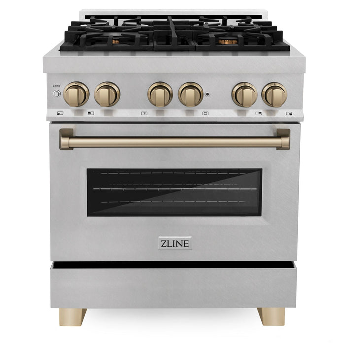 ZLINE Kitchen and Bath 30 Inch Autograph Edition Dual Fuel Range in DuraSnow® Stainless Steel with Champagne Bronze Accents, RASZ-SN-30-CB