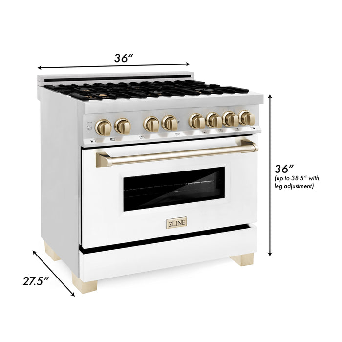 ZLINE Kitchen and Bath Autograph Package - 36 In. Dual Fuel Range, Range Hood, Dishwasher in White Matte with Gold Accents, 3AKP-RAWMRHDWM36-G