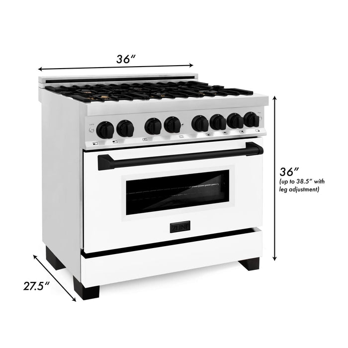 ZLINE Kitchen and Bath Autograph Package - 36 In. Dual Fuel Range, Range Hood, Dishwasher in White Matte with Matte Black Accents, 3AKP-RAWMRHDWM36-MB