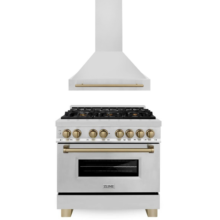 ZLINE Kitchen and Bath Autograph Package - 36 In. Dual Fuel Range, Range Hood in Stainless Steel with Champagne Bronze Accents, 2AKP-RARH36-CB