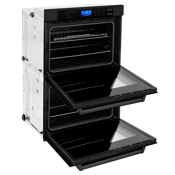 ZLINE Package - 30" Rangetop, Range Hood, Refrigerator, Double Wall Oven in Black Stainless