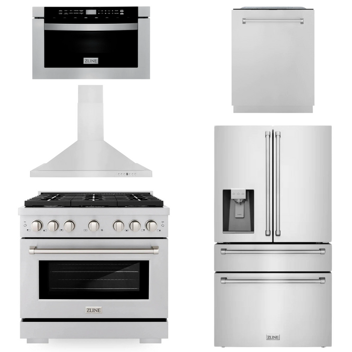 ZLINE Package - 36" Gas Range, Range Hood, Microwave, Refrigerator with Water & Ice Dispenser, Dishwasher