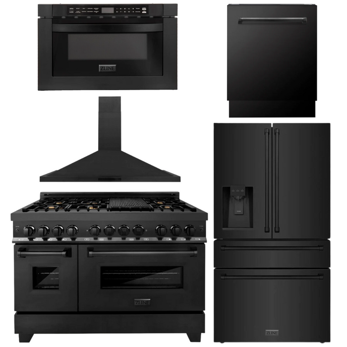 ZLINE Package - 48" Dual Fuel Range, Hood, Refrigerator with Water & Ice Dispenser, Dishwasher and Microwave in Black Stainless