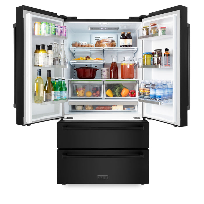 ZLINE Package - 48" Rangetop, Hood, Refrigerator, Dishwasher, Double Wall Oven in Black Stainless