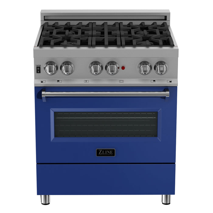 ZLINE 30 in. 4.0 cu. ft. Legacy Dual Fuel Range with 4 Burner Gas Cooktop and Electric Convection Oven in DuraSnow® Stainless Steel and Blue Matte Door (RAS-BM-30)