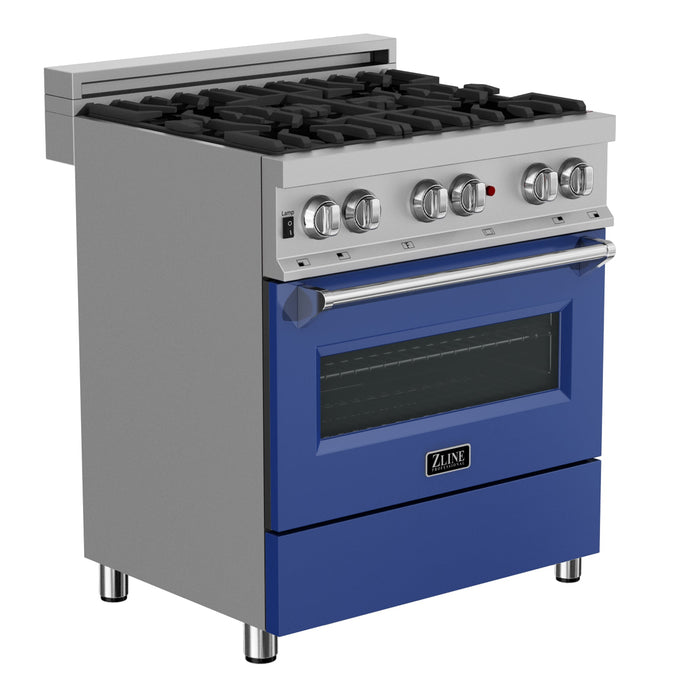 ZLINE 30 in. 4.0 cu. ft. Legacy Dual Fuel Range with 4 Burner Gas Cooktop and Electric Convection Oven in DuraSnow® Stainless Steel and Blue Matte Door (RAS-BM-30)