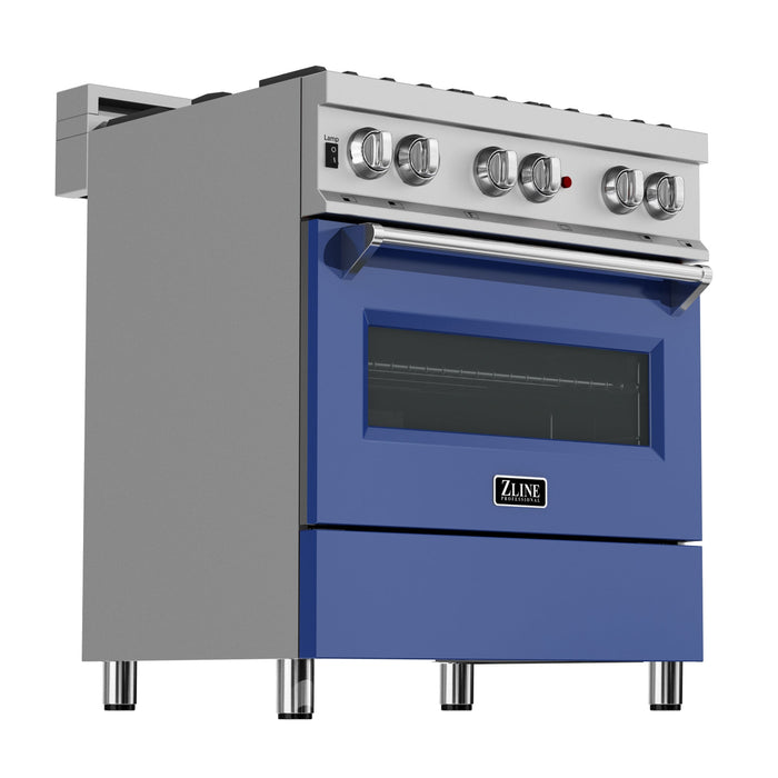 ZLINE 30 in. 4.0 cu. ft. Legacy Dual Fuel Range with 4 Burner Gas Cooktop and Electric Convection Oven in DuraSnow® Stainless Steel and Blue Matte Door (RAS-BM-30)