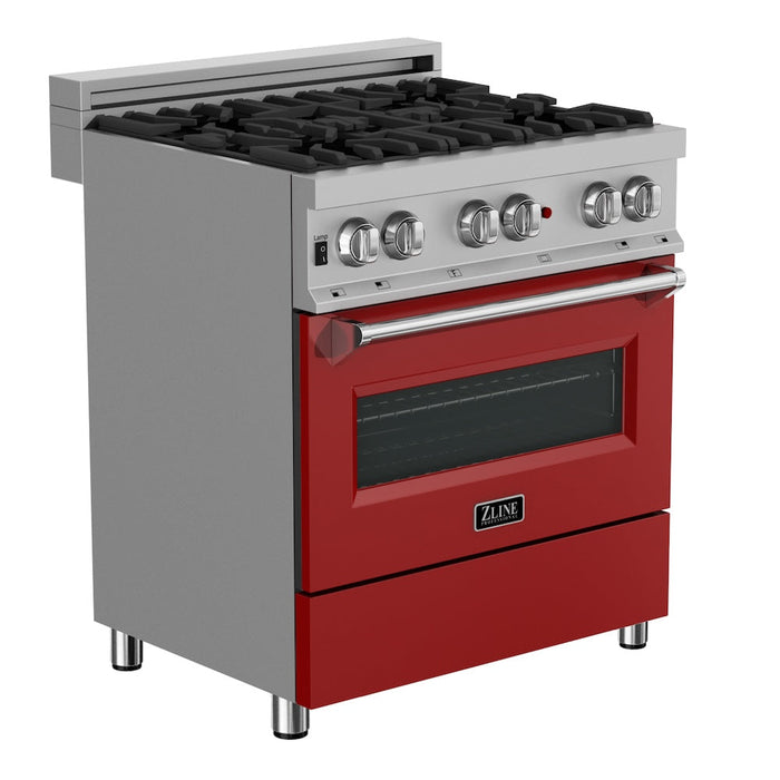 ZLINE 30 in. Kitchen Package with Fingerprint Resistant Stainless Steel Dual Fuel Range with Red Matte Door and Convertible Vent Range Hood (2KP-RASRMRH30)