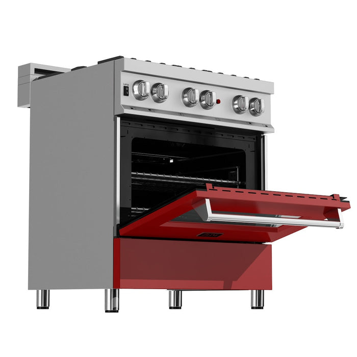 ZLINE 30 in. Kitchen Package with Fingerprint Resistant Stainless Steel Dual Fuel Range with Red Matte Door and Convertible Vent Range Hood (2KP-RASRMRH30)