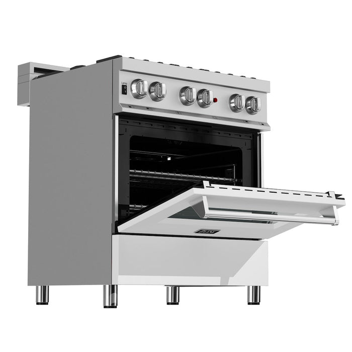 ZLINE 30 in. Kitchen Package with Fingerprint Resistant Stainless Steel Dual Fuel Range with White Matte Door and Convertible Vent Range Hood (2KP-RASWMRH30)