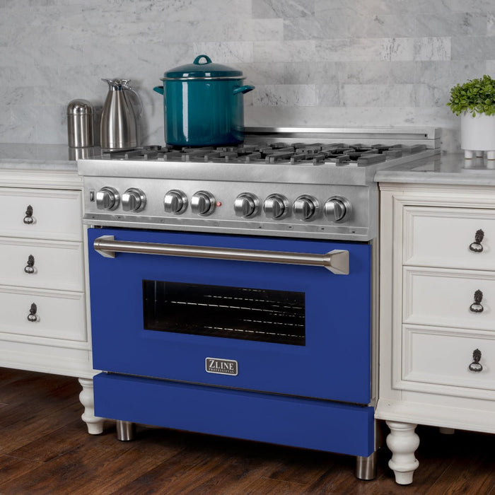 ZLINE 36 in. 4.6 cu. ft. Legacy Dual Fuel Range with 6 Burner Gas Cooktop and Electric Convection Oven in DuraSnow® Stainless Steel and Blue Matte Door (RAS-BM-36)