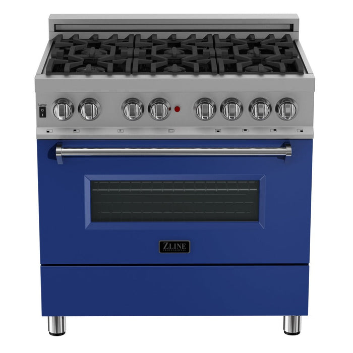 ZLINE 36 in. 4.6 cu. ft. Legacy Dual Fuel Range with 6 Burner Gas Cooktop and Electric Convection Oven in DuraSnow® Stainless Steel and Blue Matte Door (RAS-BM-36)