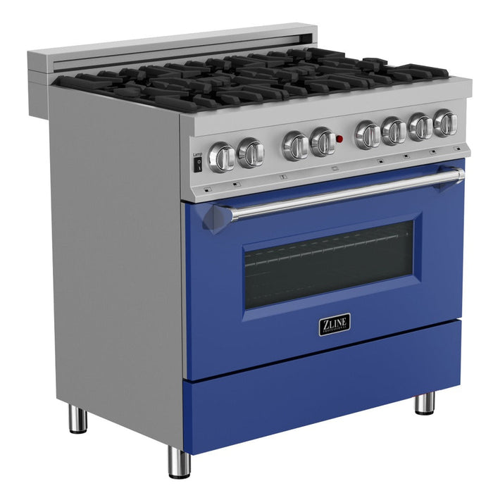 ZLINE 36 in. 4.6 cu. ft. Legacy Dual Fuel Range with 6 Burner Gas Cooktop and Electric Convection Oven in DuraSnow® Stainless Steel and Blue Matte Door (RAS-BM-36)