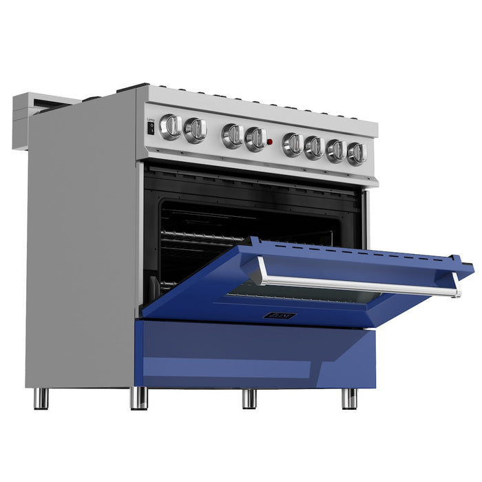 ZLINE 36 in. Kitchen Package with Fingerprint Resistant Stainless Steel Dual Fuel Range with Blue Matte Door and Convertible Vent Range Hood (2KP-RASBMRH36)