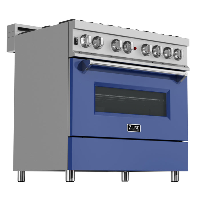 ZLINE 36 in. 4.6 cu. ft. Legacy Dual Fuel Range with 6 Burner Gas Cooktop and Electric Convection Oven in DuraSnow® Stainless Steel and Blue Matte Door (RAS-BM-36)