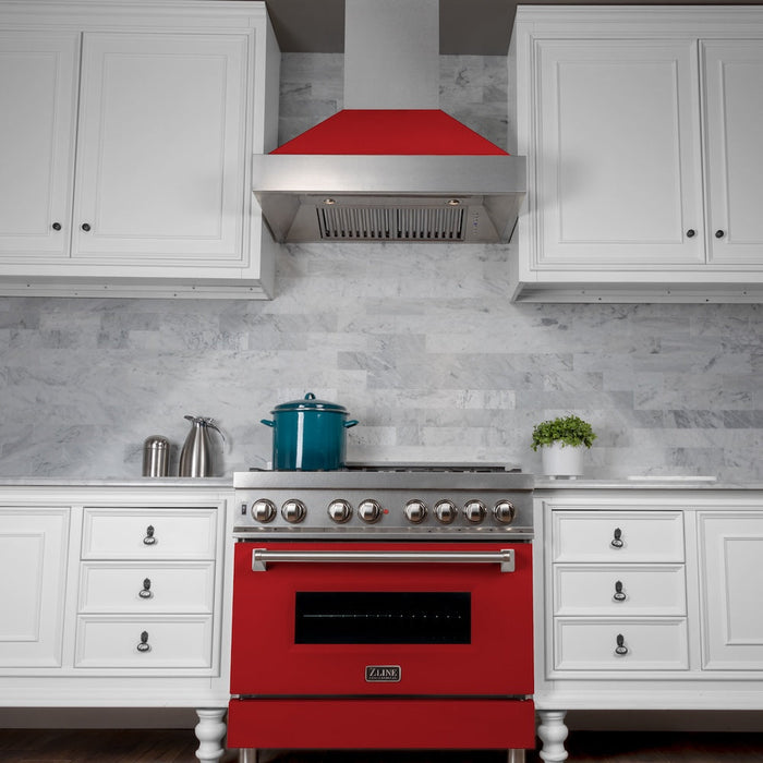 ZLINE 36 in. Kitchen Package with Fingerprint Resistant Stainless Steel Dual Fuel Range with Red Matte Door and Convertible Vent Range Hood (2KP-RASRMRH36)