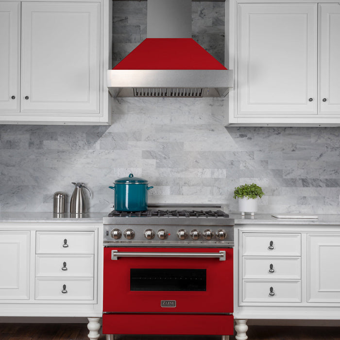 ZLINE 36 in. 4.6 cu. ft. Legacy Dual Fuel Range with 6 Burner Gas Cooktop and Electric Convection Oven in DuraSnow® Stainless Steel and Red Matte Door (RAS-RM-36)