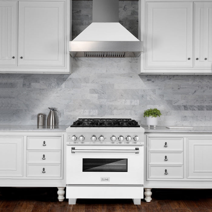 ZLINE 36 in. Kitchen Package with Fingerprint Resistant Stainless Steel Dual Fuel Range with White Matte Door and Convertible Vent Range Hood (2KP-RASWMRH36)