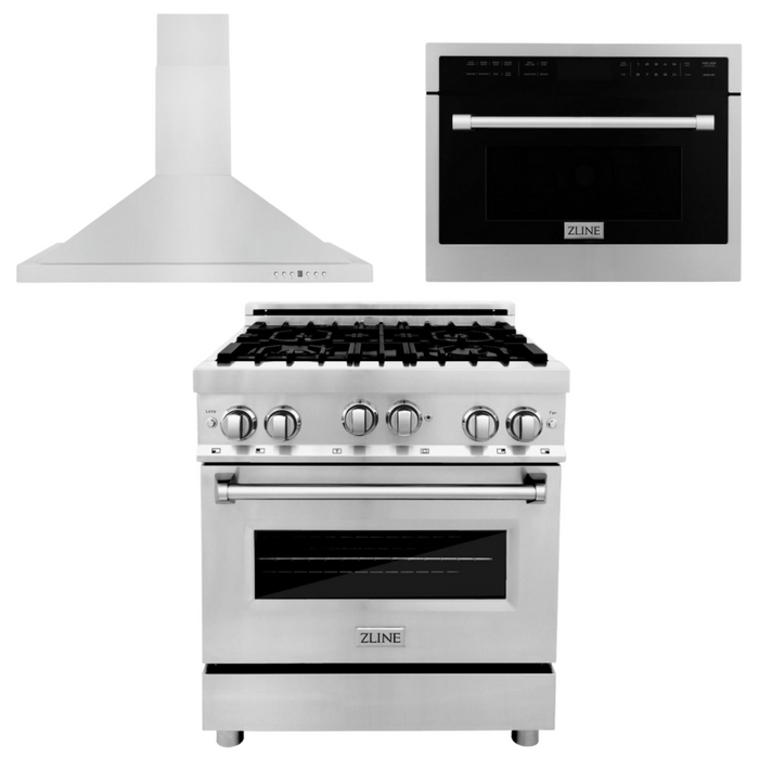 ZLINE Appliance Package - 30 In. Gas Range, Range Hood, Microwave Oven in Stainless Steel, 3KP-RGRHMWO-30