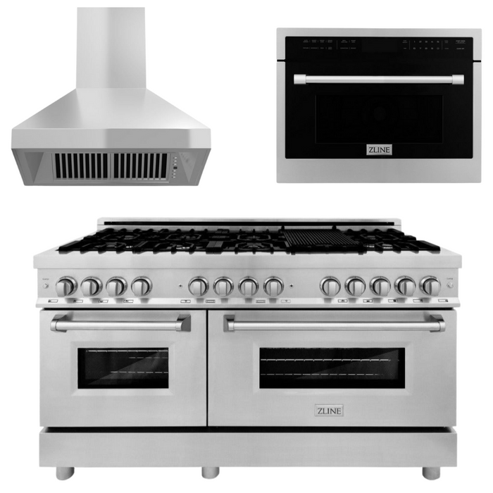 ZLINE Appliance Package - 60 In. Dual Fuel Range, Microwave Oven, Range Hood in Stainless Steel, 3KP-RARHMWO-60