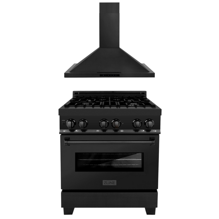 ZLINE 30 in. Dual Fuel Range in Black Stainless Steel & 30 in. Range Hood Appliance Package Appliance Package, 2KP-RABRH30