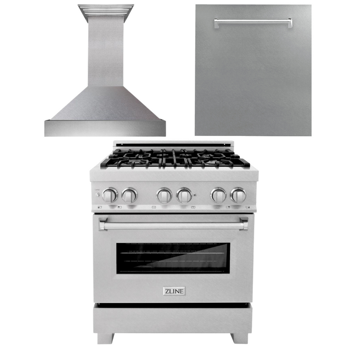 ZLINE 30 in. Kitchen Appliance Package with DuraSnow® Stainless Dual Fuel Range, Ducted Vent Range Hood and Dishwasher, 3KP-RASRH30-DW