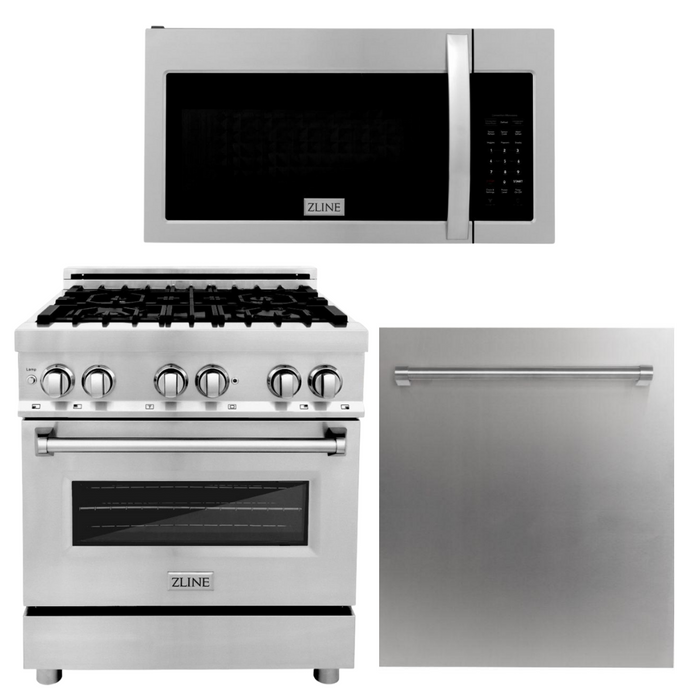 ZLINE 30 in. Kitchen Appliance Package with Stainless Steel Dual Fuel Range, Modern Over The Range Microwave and Dishwasher, 3KP-RAOTR30-DW