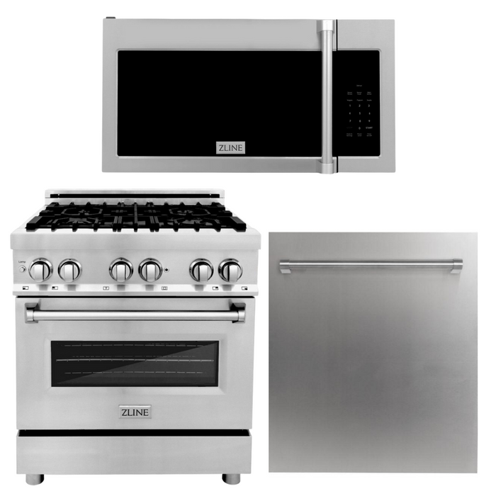 ZLINE 30 in. Kitchen Appliance Package with Stainless Steel Dual Fuel Range, Traditional Over The Range Microwave and Dishwasher, 3KP-RAOTRH30-DW