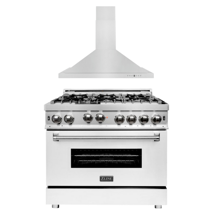 ZLINE 36 in. Gas Range with White Matte Door & 36 in. Range Hood Appliance Package, 2KP-RGWMRH36